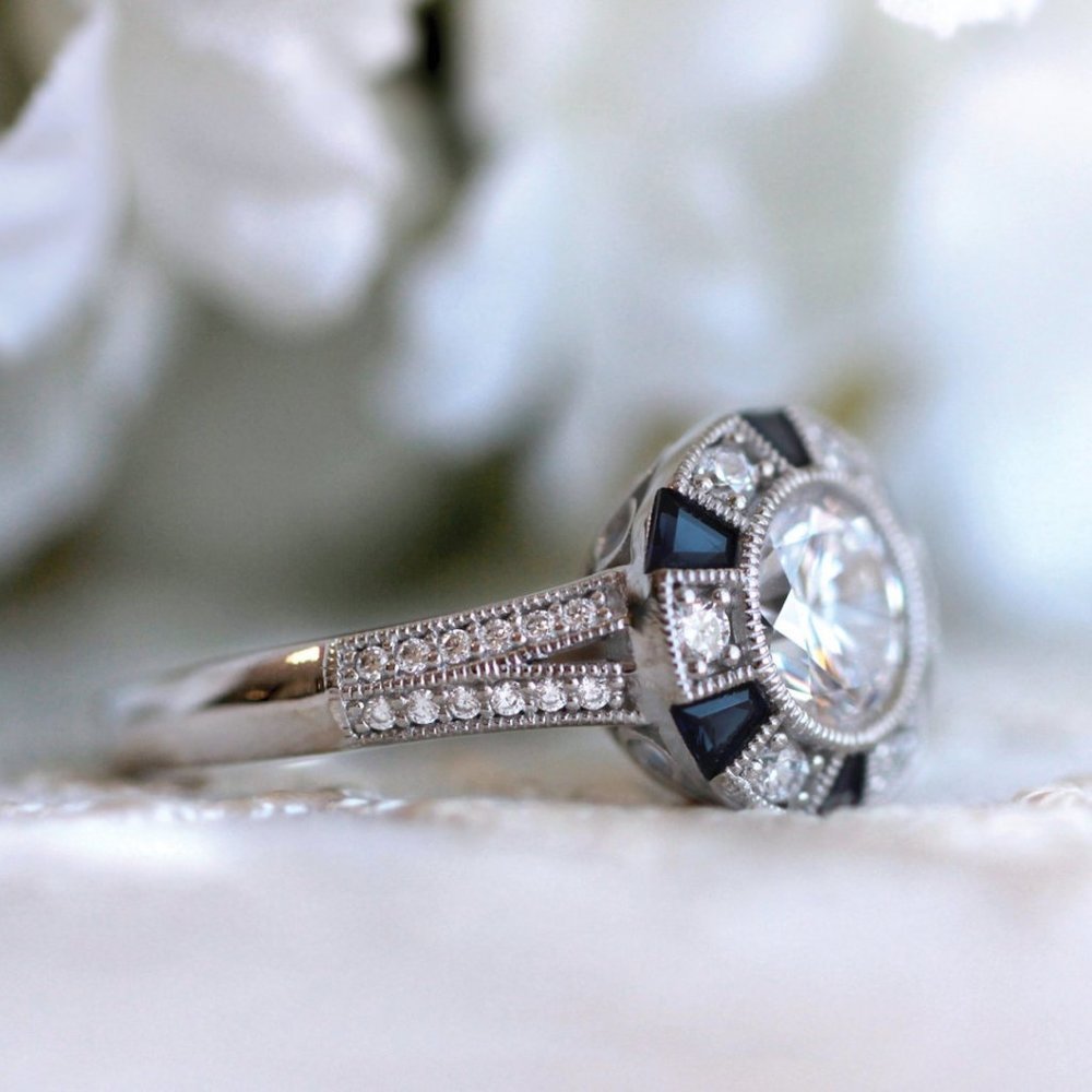 NEW 925 Silver Diamond Sapphire Art Deco Ring - Picture 2 of 5